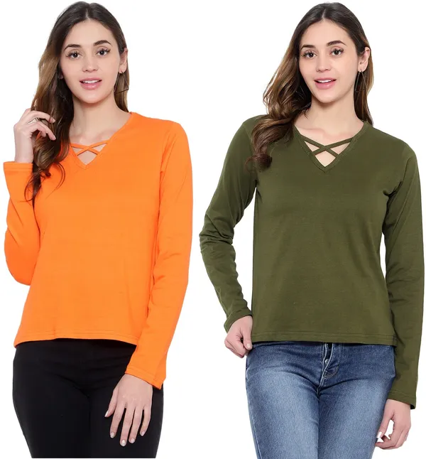 Cotton_Blend_Full_Sleeve_Solid_V_Neck_Regular_T-Shirt_For_Women_(pack_Of_2)