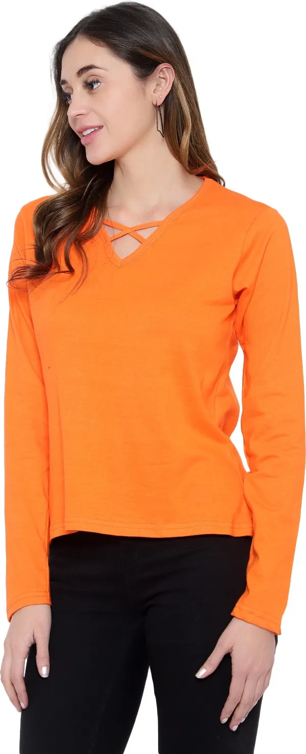 Cotton_Blend_Full_Sleeve_Solid_V_Neck_Regular_T-Shirt_For_Women_(pack_Of_2)