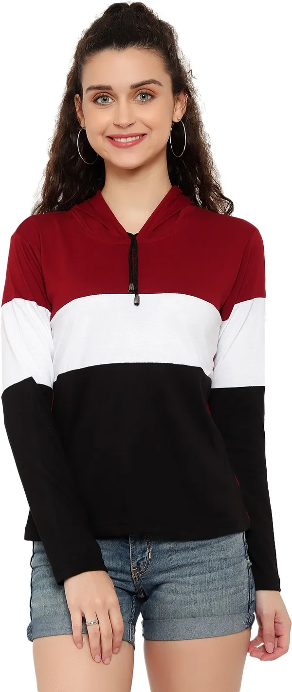 Maroon_Pure_Cotton_Full_Sleeve_Self_Design_Hooded_Neck_Regular_T-Shirt_For_Women