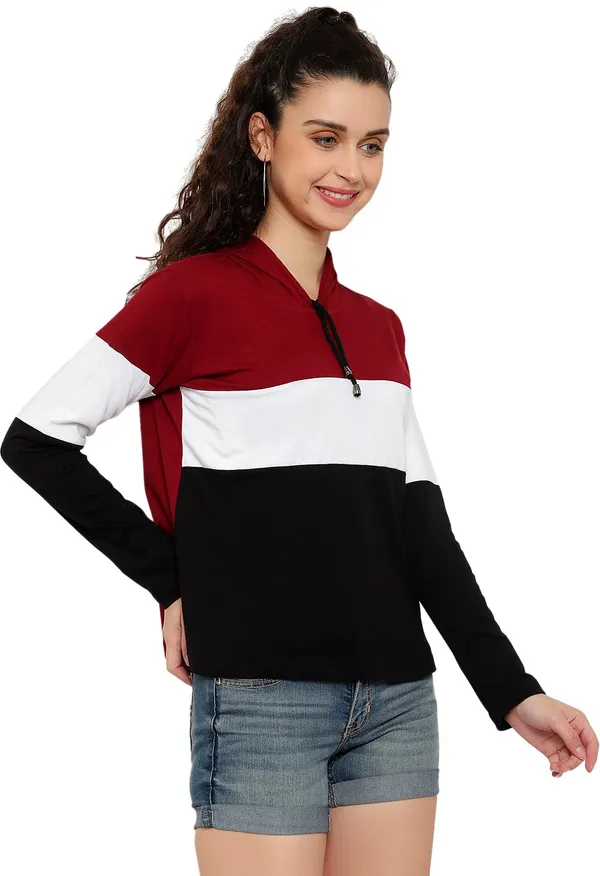 Maroon_Pure_Cotton_Full_Sleeve_Self_Design_Hooded_Neck_Regular_T-Shirt_For_Women