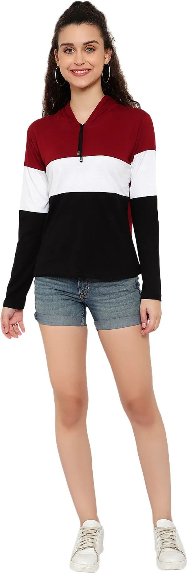 Maroon_Pure_Cotton_Full_Sleeve_Self_Design_Hooded_Neck_Regular_T-Shirt_For_Women