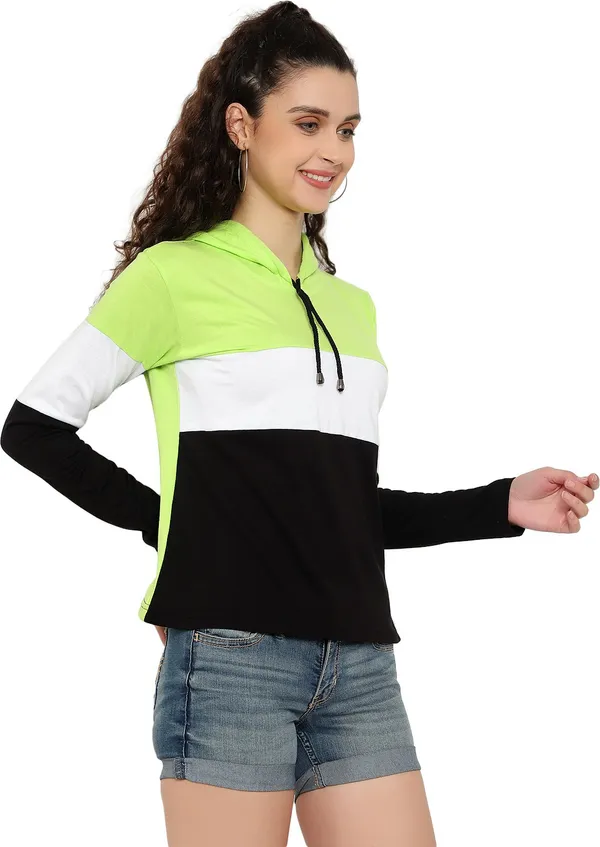 Light_Green_Pure_Cotton_Full_Sleeve_Colorblock_Hooded_Neck_Regular_T-Shirt_For_Women