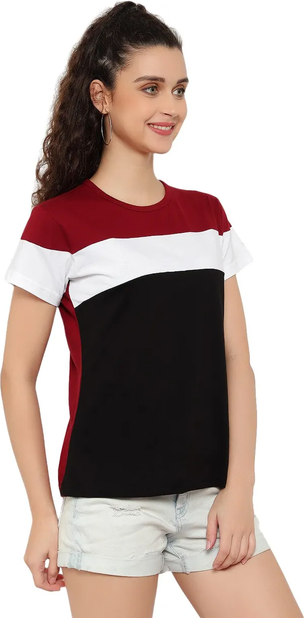 Maroon_&_Black_Pure_Cotton_Short_Sleeve_Colorblock_Round_Neck_Regular_T-Shirt_For_Women