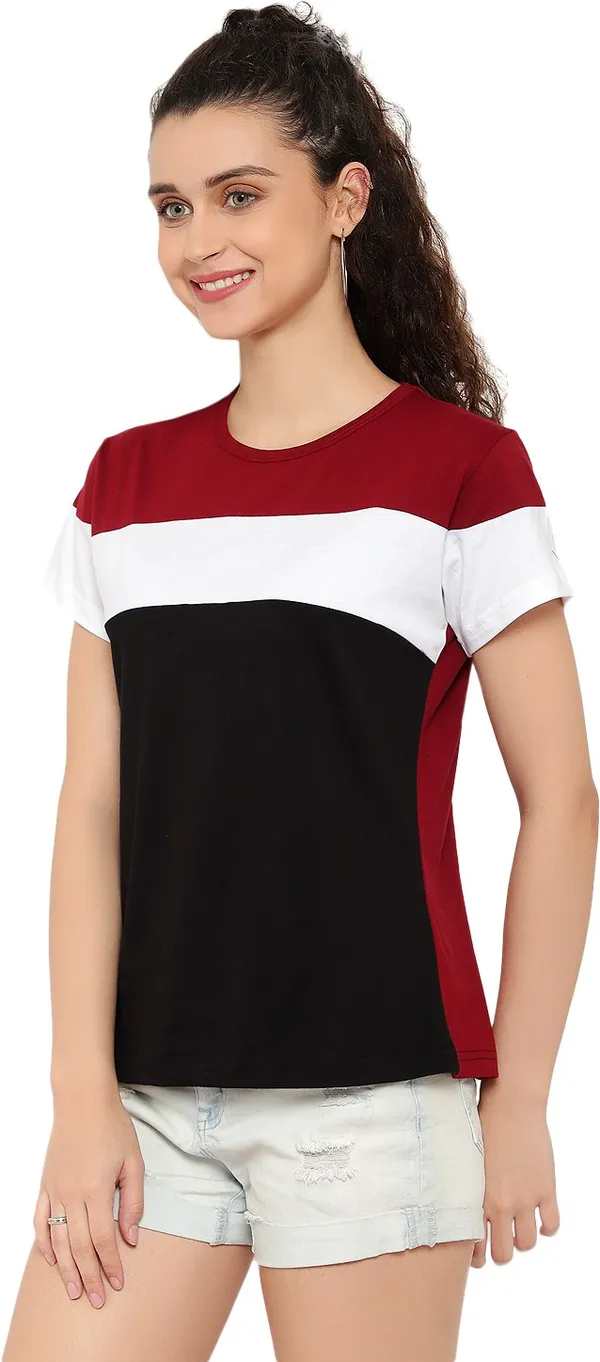 Maroon_&_Black_Pure_Cotton_Short_Sleeve_Colorblock_Round_Neck_Regular_T-Shirt_For_Women