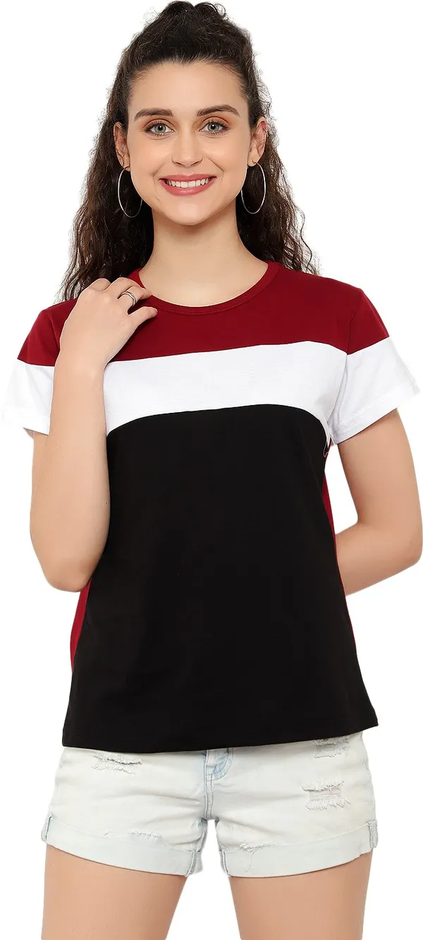 Maroon_&_Black_Pure_Cotton_Short_Sleeve_Colorblock_Round_Neck_Regular_T-Shirt_For_Women