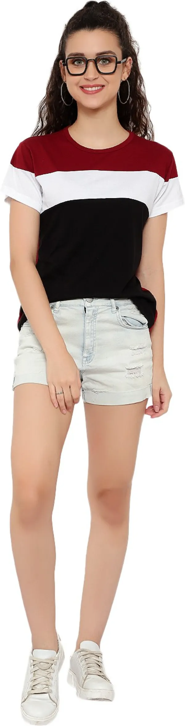 Maroon_&_Black_Pure_Cotton_Short_Sleeve_Colorblock_Round_Neck_Regular_T-Shirt_For_Women