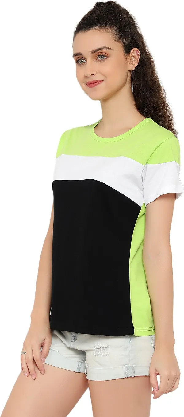 Pure_Cotton_Short_Sleeve_Colorblock_Round_Neck_Regular_T-Shirt_For_Women
