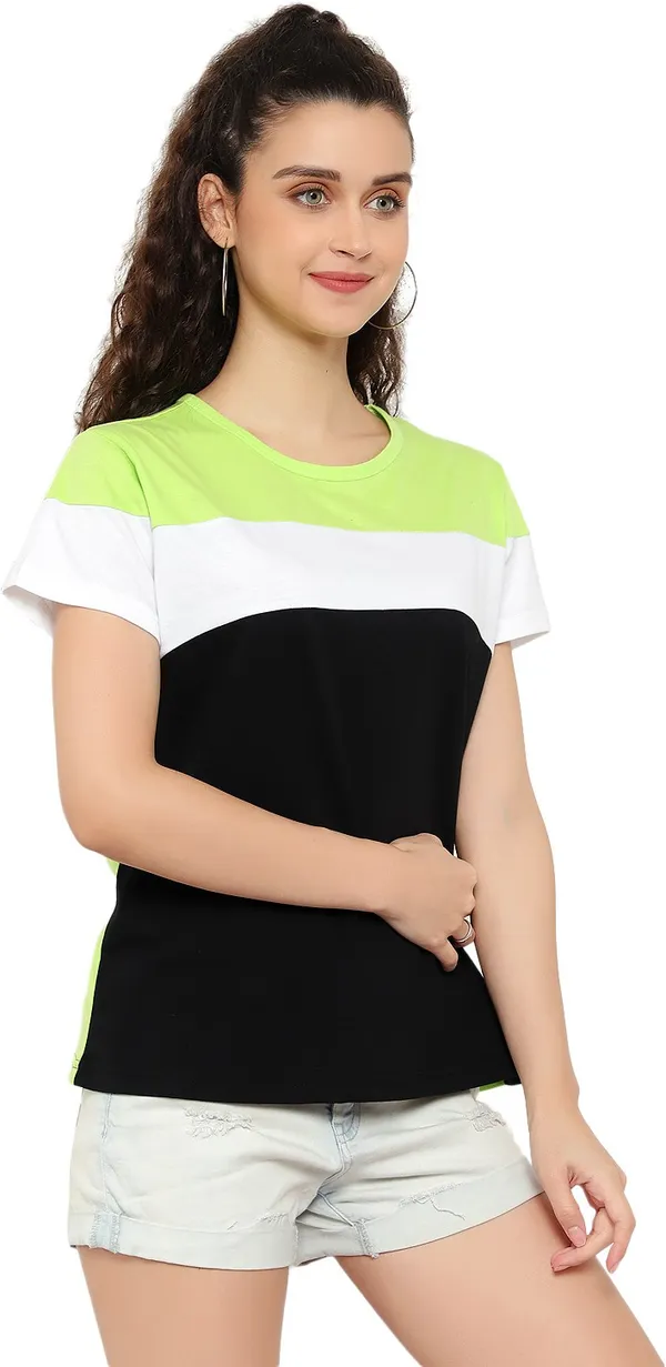Pure_Cotton_Short_Sleeve_Colorblock_Round_Neck_Regular_T-Shirt_For_Women