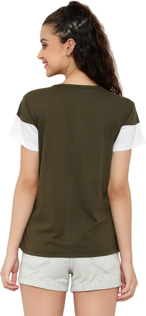 Dark_Green_Pure_Cotton_Short_Sleeve_Colorblock_Round_Neck_Regular_T-Shirt_For_Women