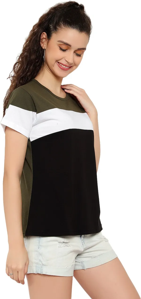 Dark_Green_Pure_Cotton_Short_Sleeve_Colorblock_Round_Neck_Regular_T-Shirt_For_Women