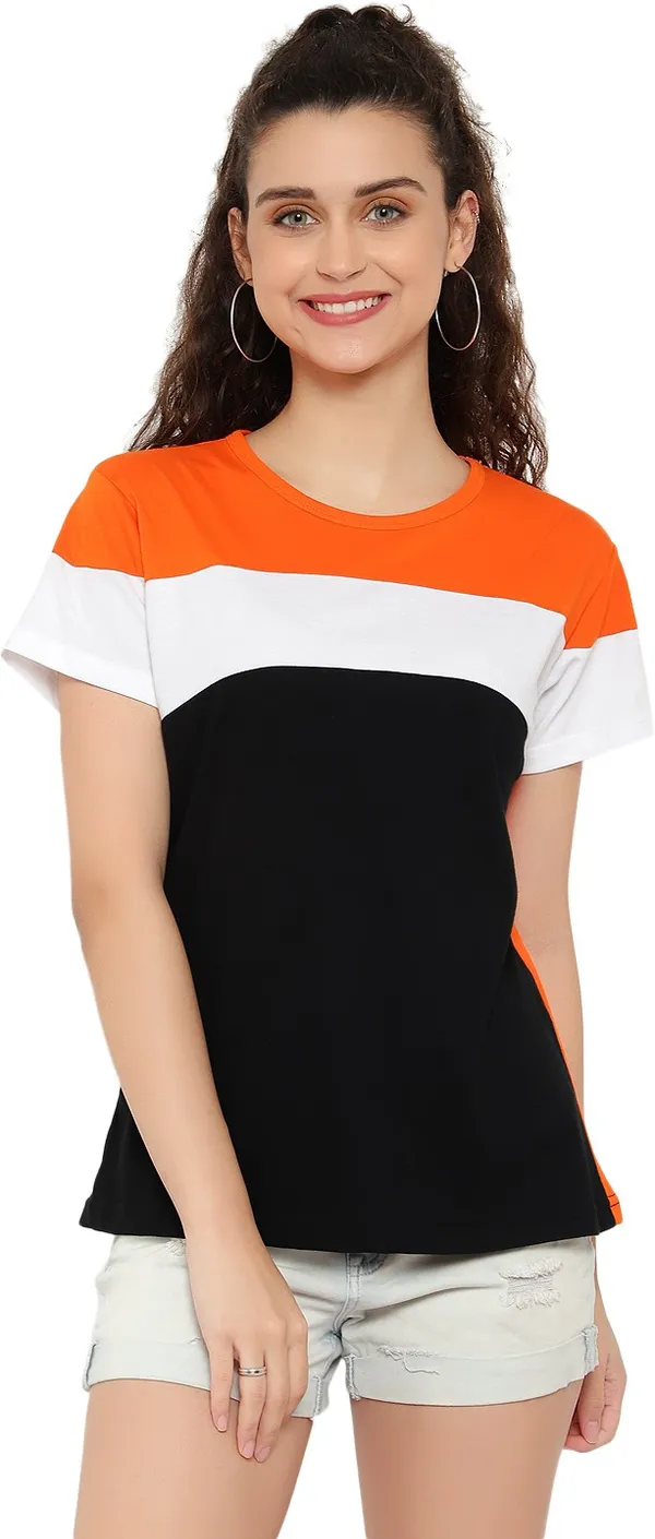 Orange_Pure_Cotton_Short_Sleeve_Colorblock_Round_Neck_Regular_T-Shirt_For_Women