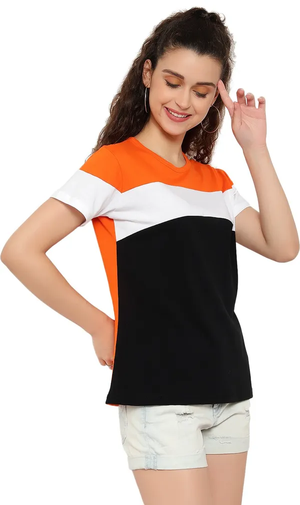 Orange_Pure_Cotton_Short_Sleeve_Colorblock_Round_Neck_Regular_T-Shirt_For_Women