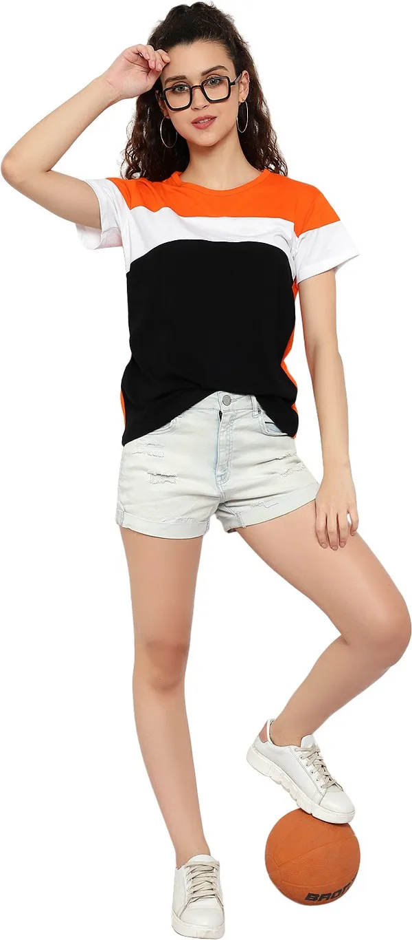 Orange_Pure_Cotton_Short_Sleeve_Colorblock_Round_Neck_Regular_T-Shirt_For_Women