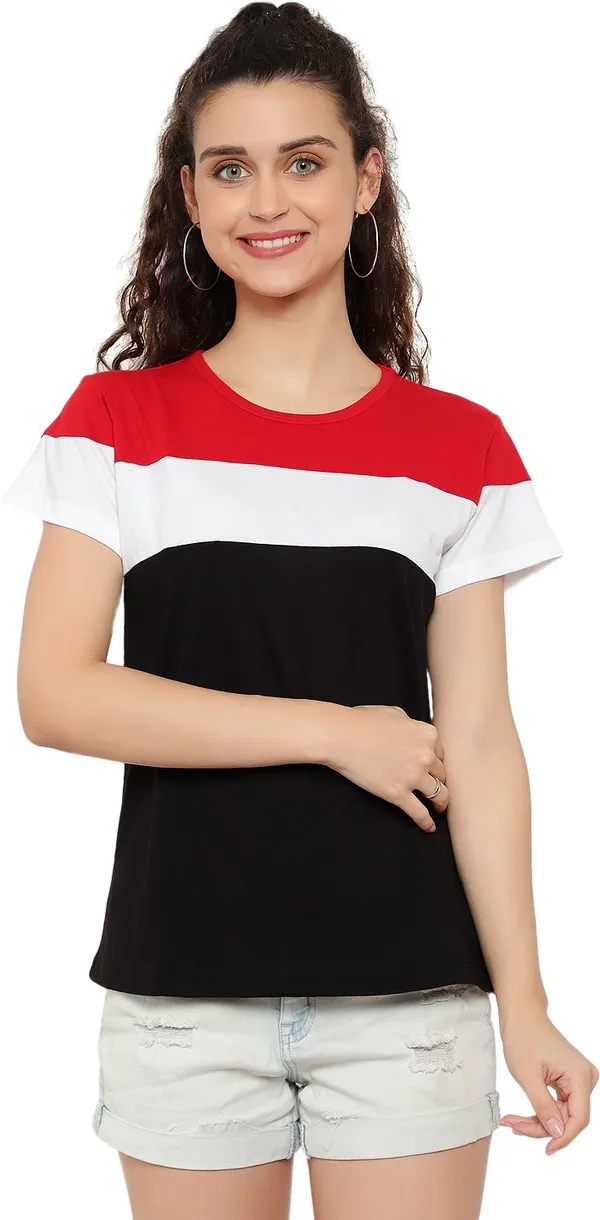Red_&_White_&_Black_Pure_Cotton_Short_Sleeve_Colorblock_Round_Neck_Regular_T-Shirt_For_Women