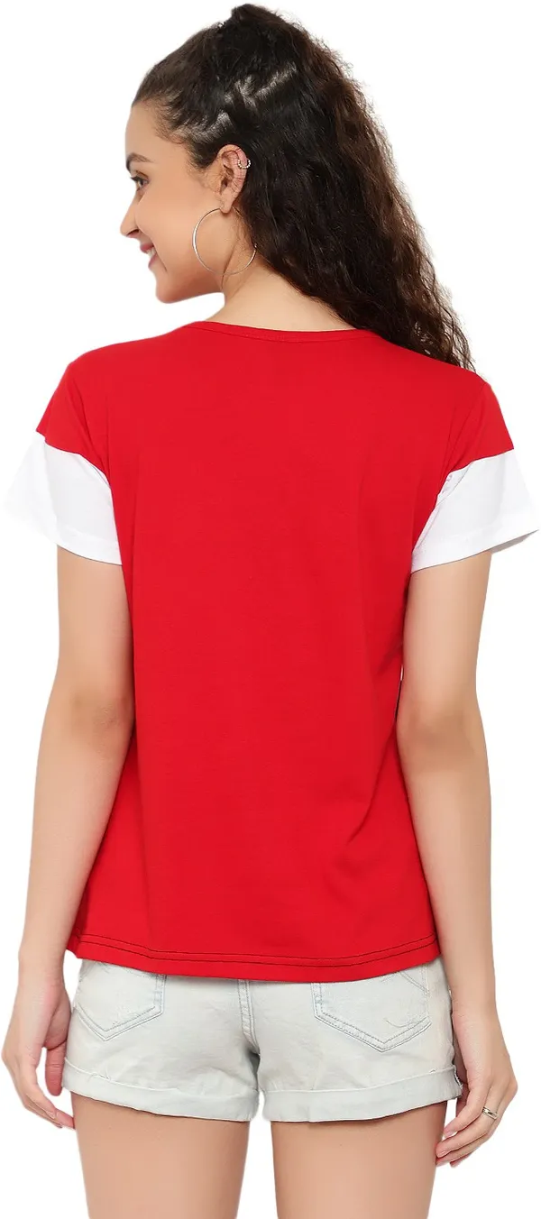 Red_&_White_&_Black_Pure_Cotton_Short_Sleeve_Colorblock_Round_Neck_Regular_T-Shirt_For_Women