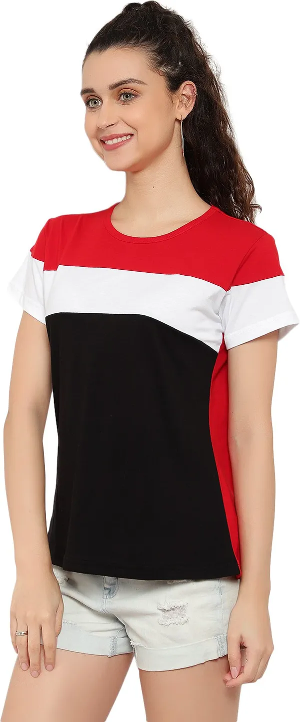 Red_&_White_&_Black_Pure_Cotton_Short_Sleeve_Colorblock_Round_Neck_Regular_T-Shirt_For_Women