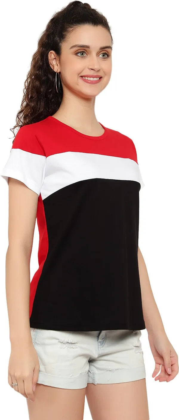 Red_&_White_&_Black_Pure_Cotton_Short_Sleeve_Colorblock_Round_Neck_Regular_T-Shirt_For_Women