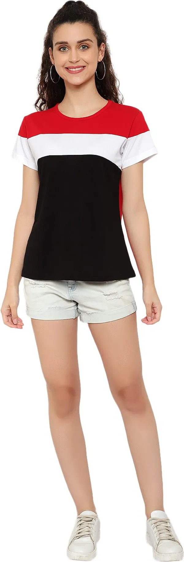 Red_&_White_&_Black_Pure_Cotton_Short_Sleeve_Colorblock_Round_Neck_Regular_T-Shirt_For_Women