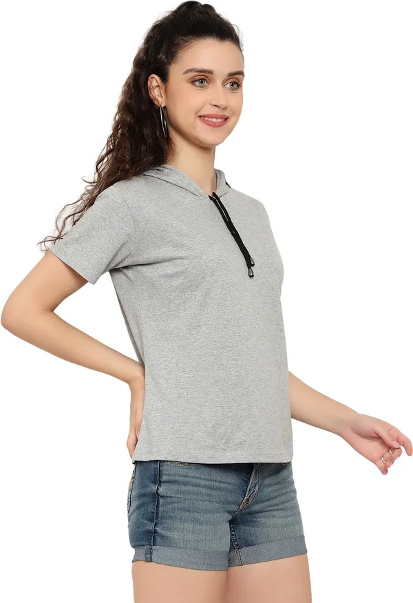 Grey_Pure_Cotton_Short_Sleeve_Self_Design_Hooded_Neck_Regular_T-Shirt_For_Women
