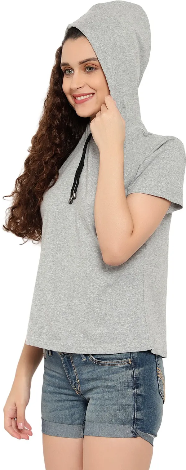 Grey_Pure_Cotton_Short_Sleeve_Self_Design_Hooded_Neck_Regular_T-Shirt_For_Women