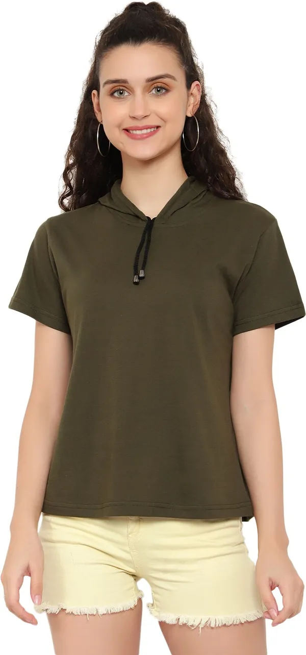 Dark_Green_Pure_Cotton_Short_Sleeve_Solid_Hooded_Neck_Regular_T-Shirt_For_Women