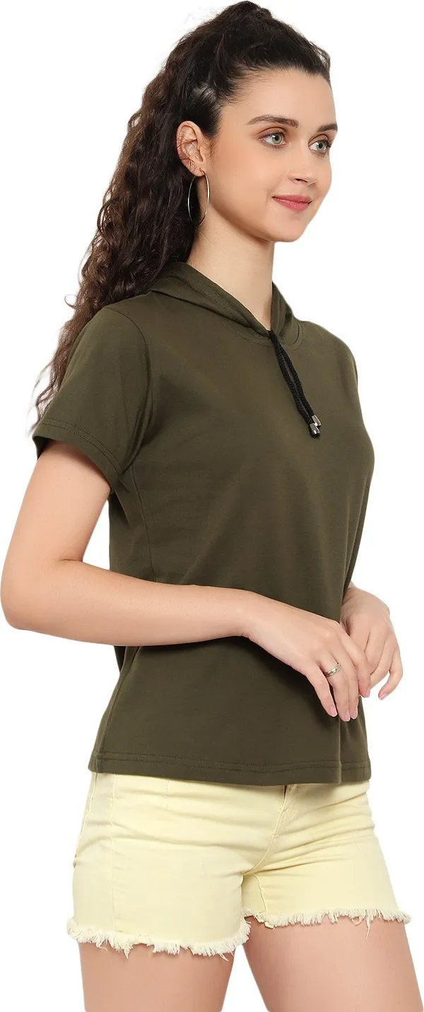 Dark_Green_Pure_Cotton_Short_Sleeve_Solid_Hooded_Neck_Regular_T-Shirt_For_Women