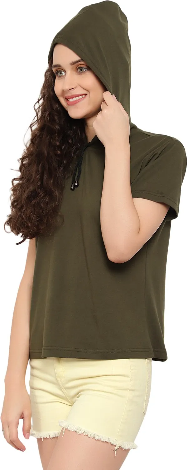 Dark_Green_Pure_Cotton_Short_Sleeve_Solid_Hooded_Neck_Regular_T-Shirt_For_Women