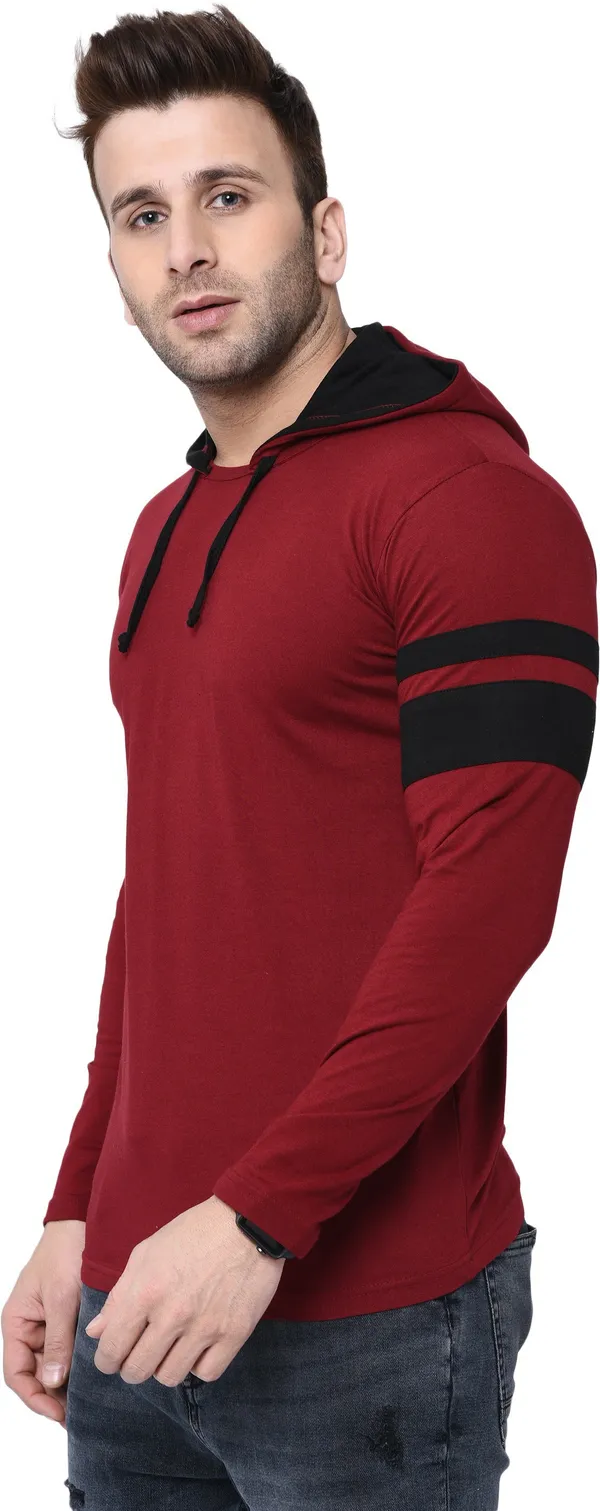 Maroon_&_Black_Cotton_Blend_Full_Sleeve_Colorblock_Hooded_Neck_Regular_T-Shirt_For_Men