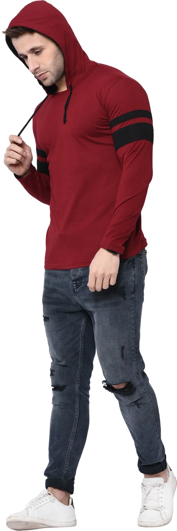 Maroon_&_Black_Cotton_Blend_Full_Sleeve_Colorblock_Hooded_Neck_Regular_T-Shirt_For_Men