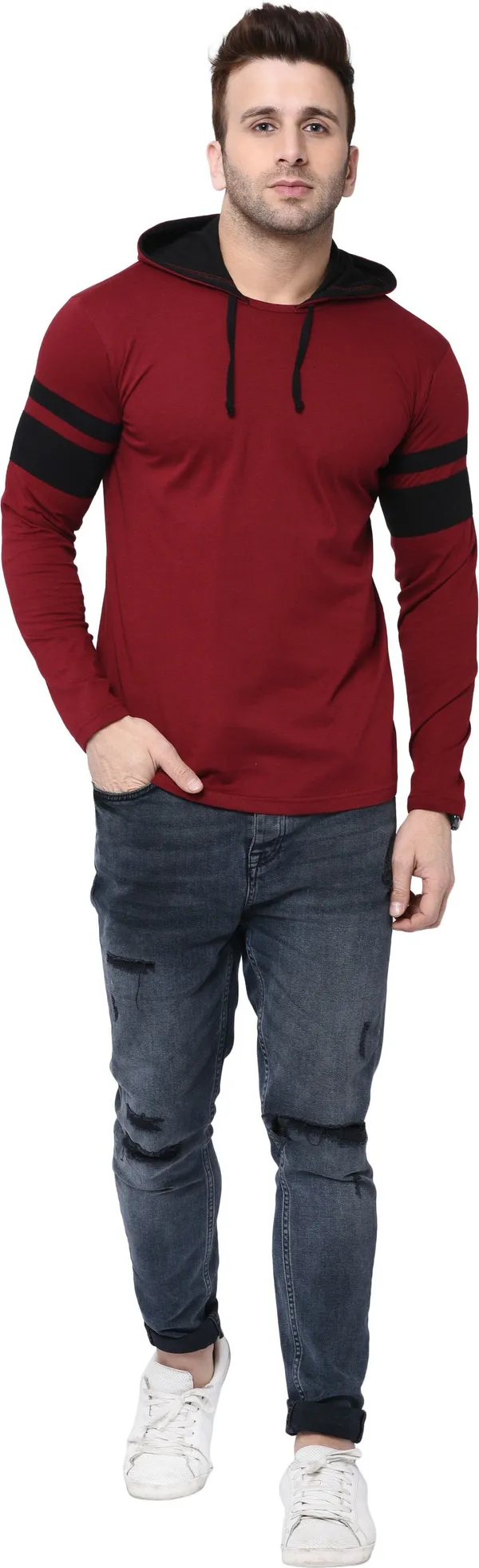 Maroon_&_Black_Cotton_Blend_Full_Sleeve_Colorblock_Hooded_Neck_Regular_T-Shirt_For_Men
