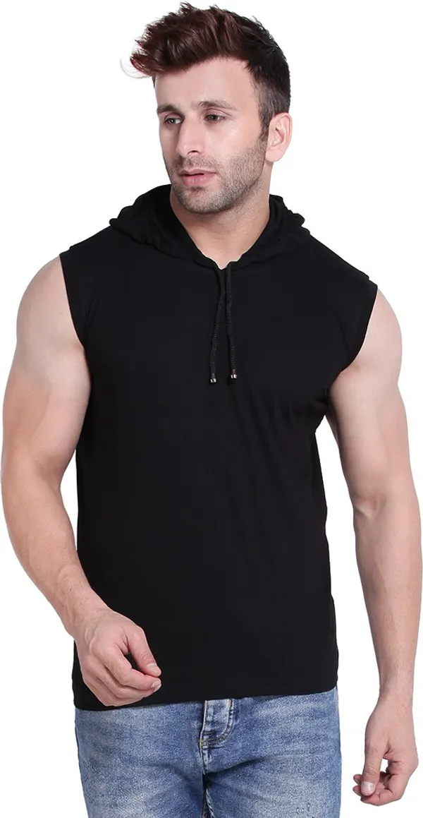 Black_Cotton_Blend_Sleeveless_Solid_Hooded_Neck_Slim_T-Shirt_For_Men