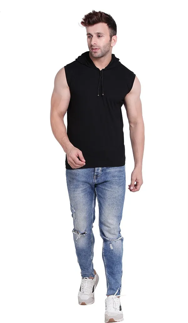 Black_Cotton_Blend_Sleeveless_Solid_Hooded_Neck_Slim_T-Shirt_For_Men