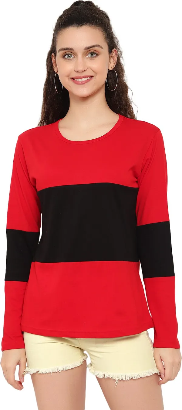 Red_Pure_Cotton_Full_Sleeve_Colorblock_Round_Neck_Regular_T-Shirt_For_Women