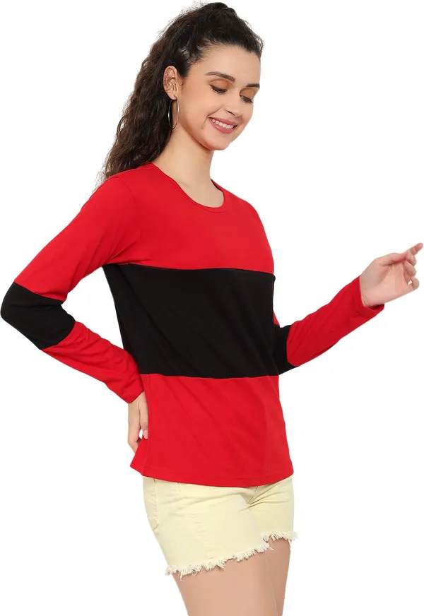 Red_Pure_Cotton_Full_Sleeve_Colorblock_Round_Neck_Regular_T-Shirt_For_Women