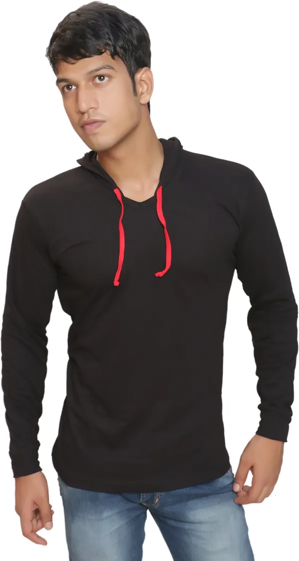 Black_Cotton_Blend_Full_Sleeve_Solid_Hooded_Neck_Regular_T-Shirt_For_Men
