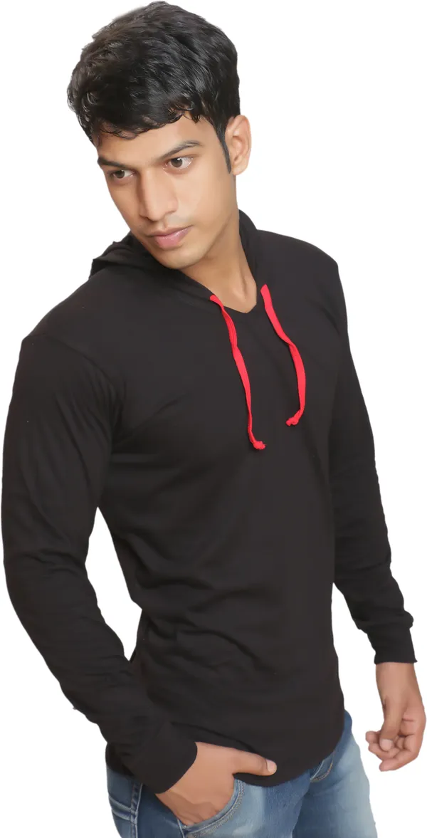 Black_Cotton_Blend_Full_Sleeve_Solid_Hooded_Neck_Regular_T-Shirt_For_Men