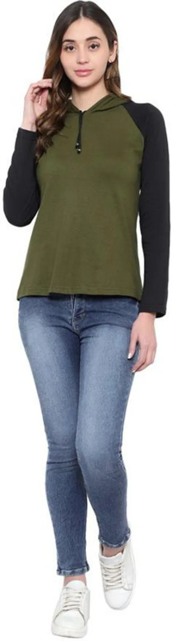 Dark_Green_&_Black_Pure_Cotton_Full_Sleeve_Hooded_Neck_Color_Block_Sweatshirt_For_Women