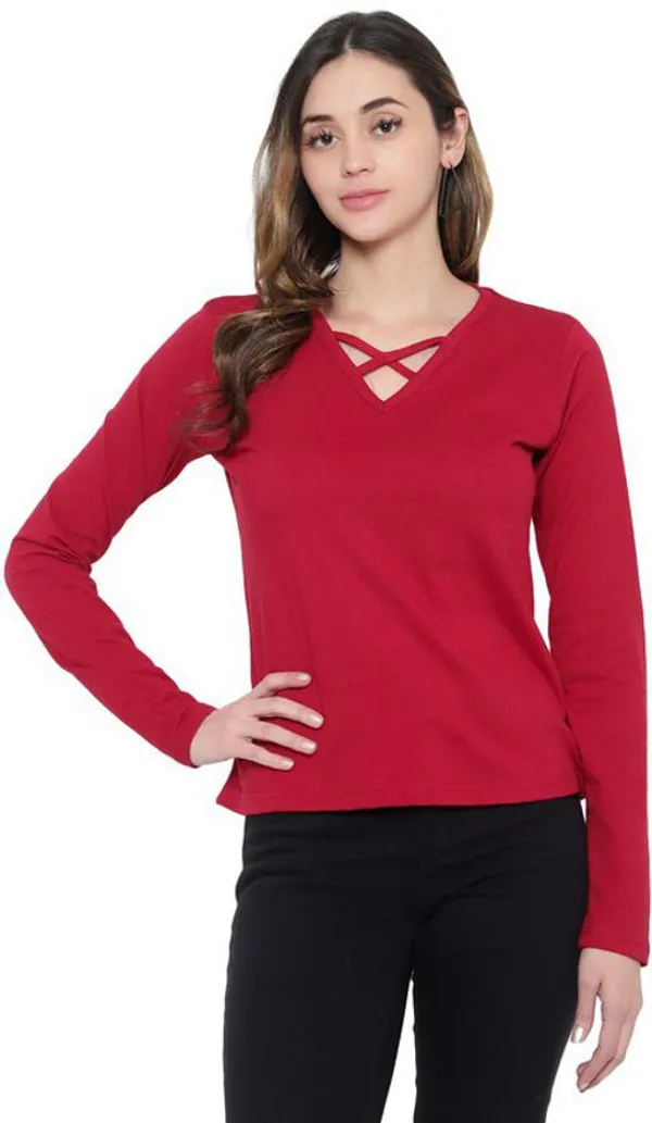 Maroon_Cotton_Blend_Full_Sleeve_Solid_V_Neck_Regular_T-Shirt_For_Women