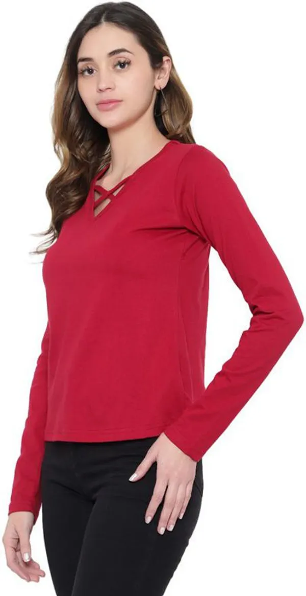 Maroon_Cotton_Blend_Full_Sleeve_Solid_V_Neck_Regular_T-Shirt_For_Women