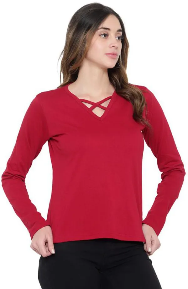 Maroon_Cotton_Blend_Full_Sleeve_Solid_V_Neck_Regular_T-Shirt_For_Women