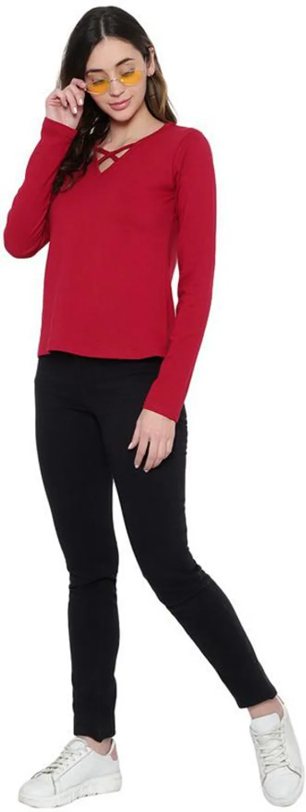 Maroon_Cotton_Blend_Full_Sleeve_Solid_V_Neck_Regular_T-Shirt_For_Women