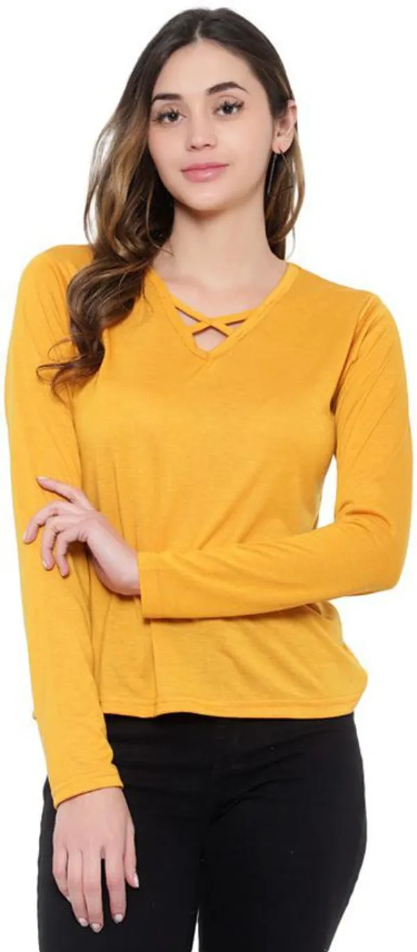Yellow_Cotton_Blend_Full_Sleeve_Solid_V_Neck_Regular_T-Shirt_For_Women