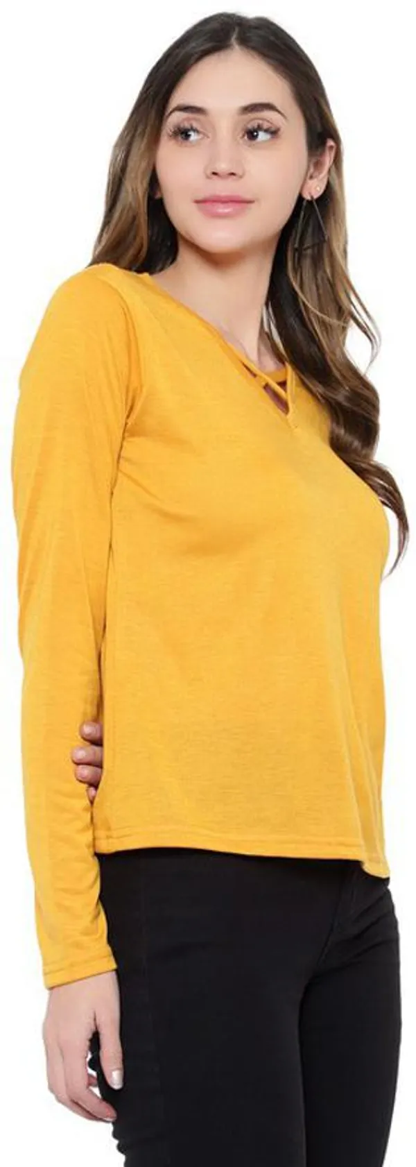 Yellow_Cotton_Blend_Full_Sleeve_Solid_V_Neck_Regular_T-Shirt_For_Women