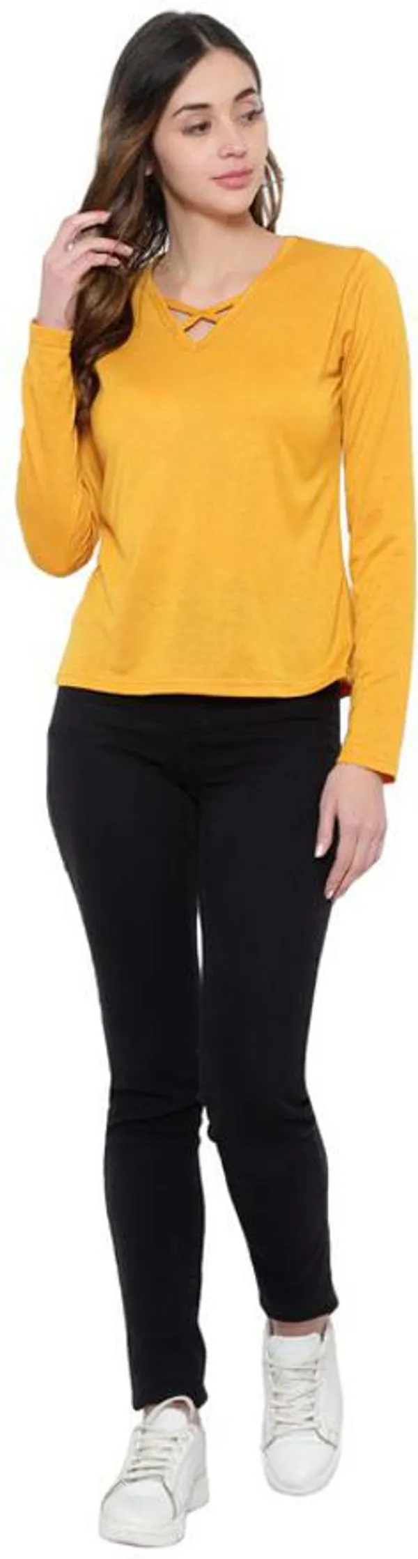 Yellow_Cotton_Blend_Full_Sleeve_Solid_V_Neck_Regular_T-Shirt_For_Women