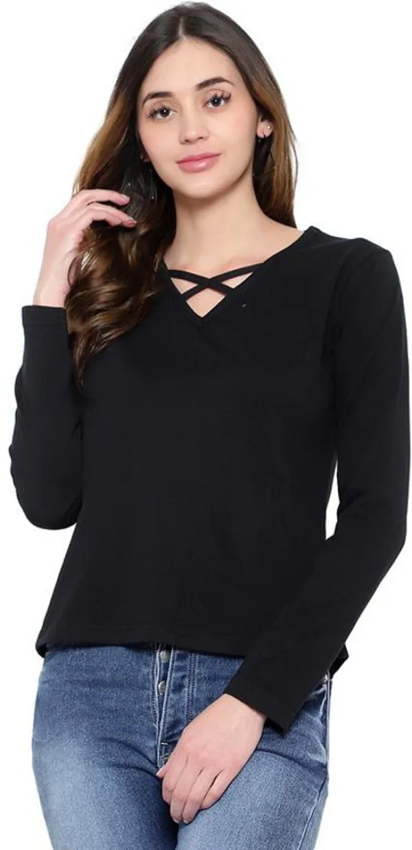 Black_Cotton_Blend_Full_Sleeve_Solid_V_Neck_Regular_T-Shirt_For_Women
