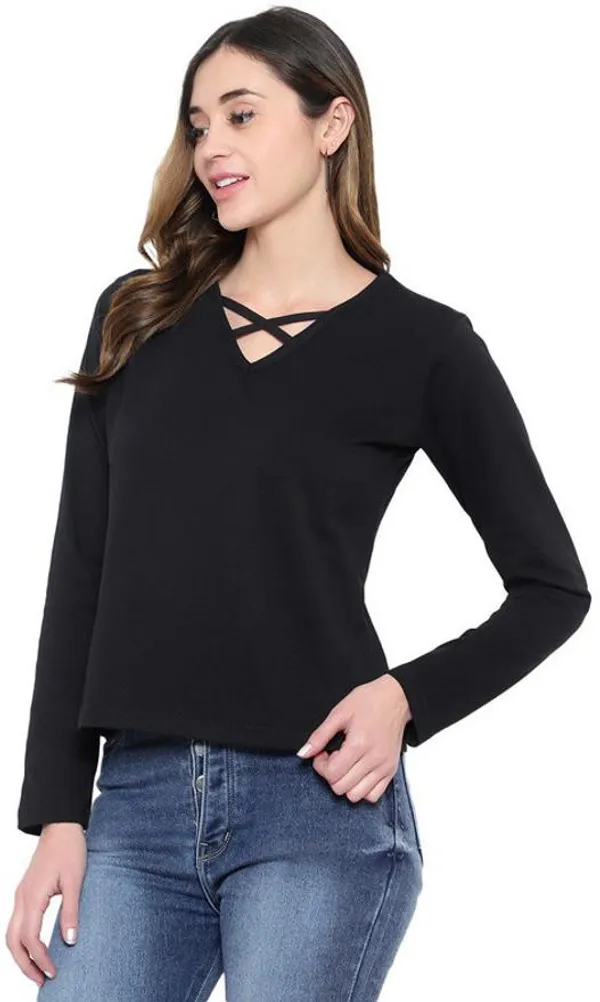 Black_Cotton_Blend_Full_Sleeve_Solid_V_Neck_Regular_T-Shirt_For_Women