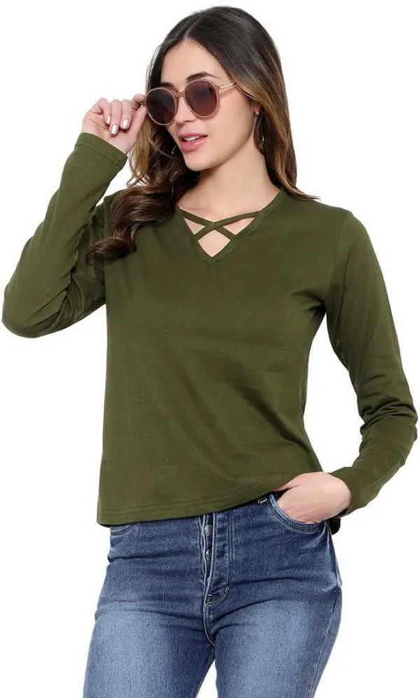 Dark_Green_Cotton_Blend_Full_Sleeve_Solid_V_Neck_Regular_T-Shirt_For_Women