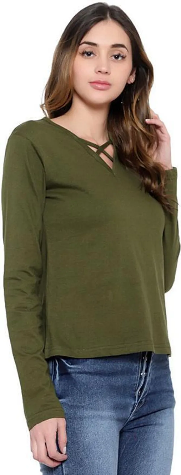 Dark_Green_Cotton_Blend_Full_Sleeve_Solid_V_Neck_Regular_T-Shirt_For_Women
