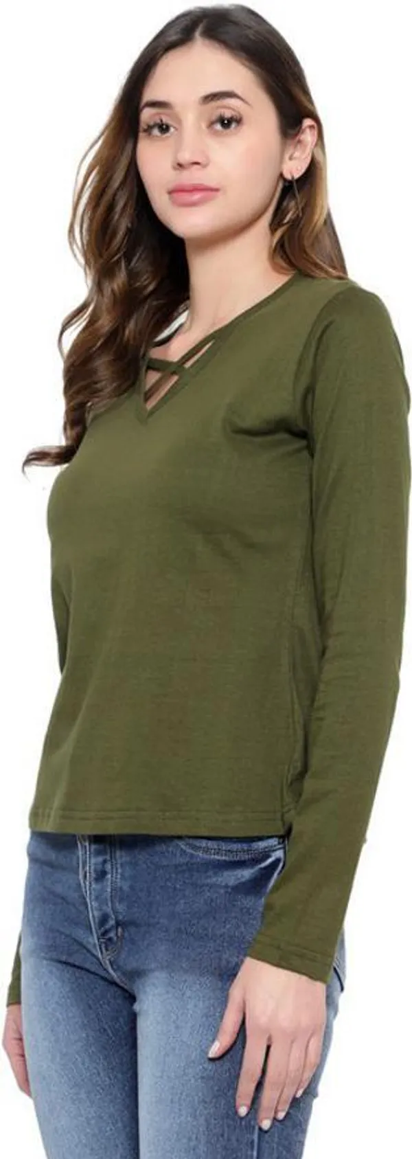 Dark_Green_Cotton_Blend_Full_Sleeve_Solid_V_Neck_Regular_T-Shirt_For_Women