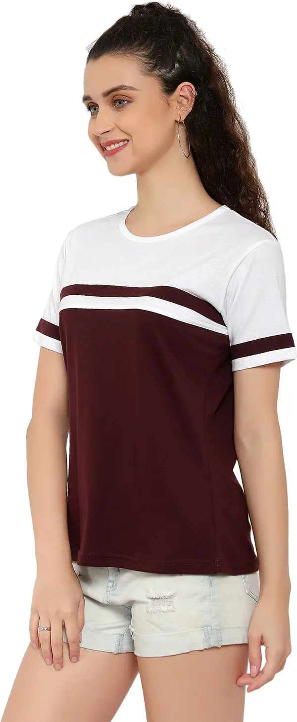 Pure_Cotton_Short_Sleeve_Colorblock_Round_Neck_Regular_T-Shirt_For_Women
